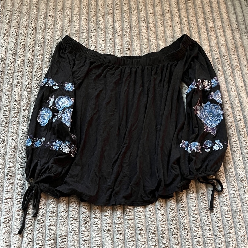 American Eagle Black Off-Shoulder Top with Blue Floral Embroidery